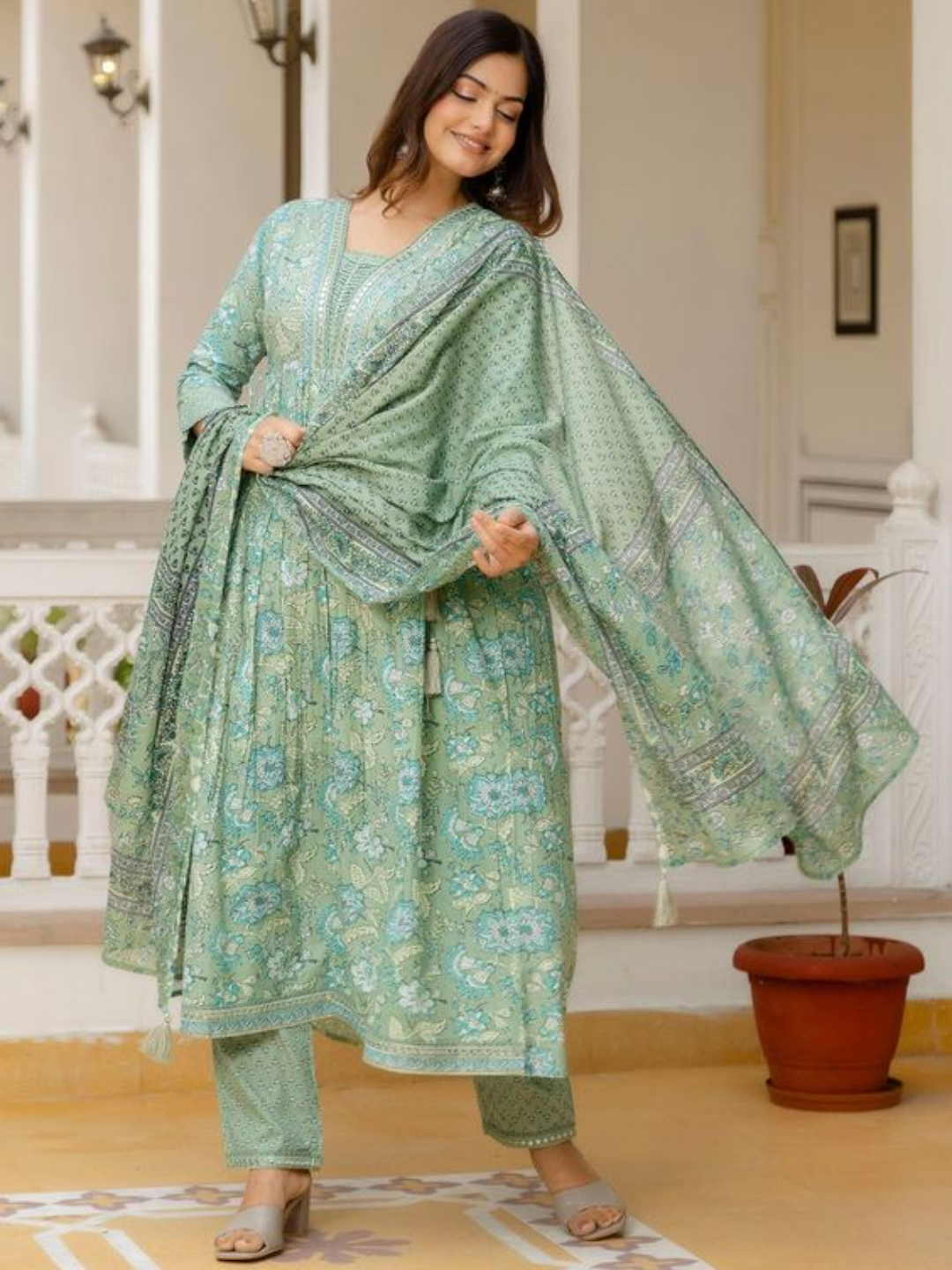 Floral Yoke Design Empire Mirror Work Pure Cotton Kurta with Trousers & Dupatta