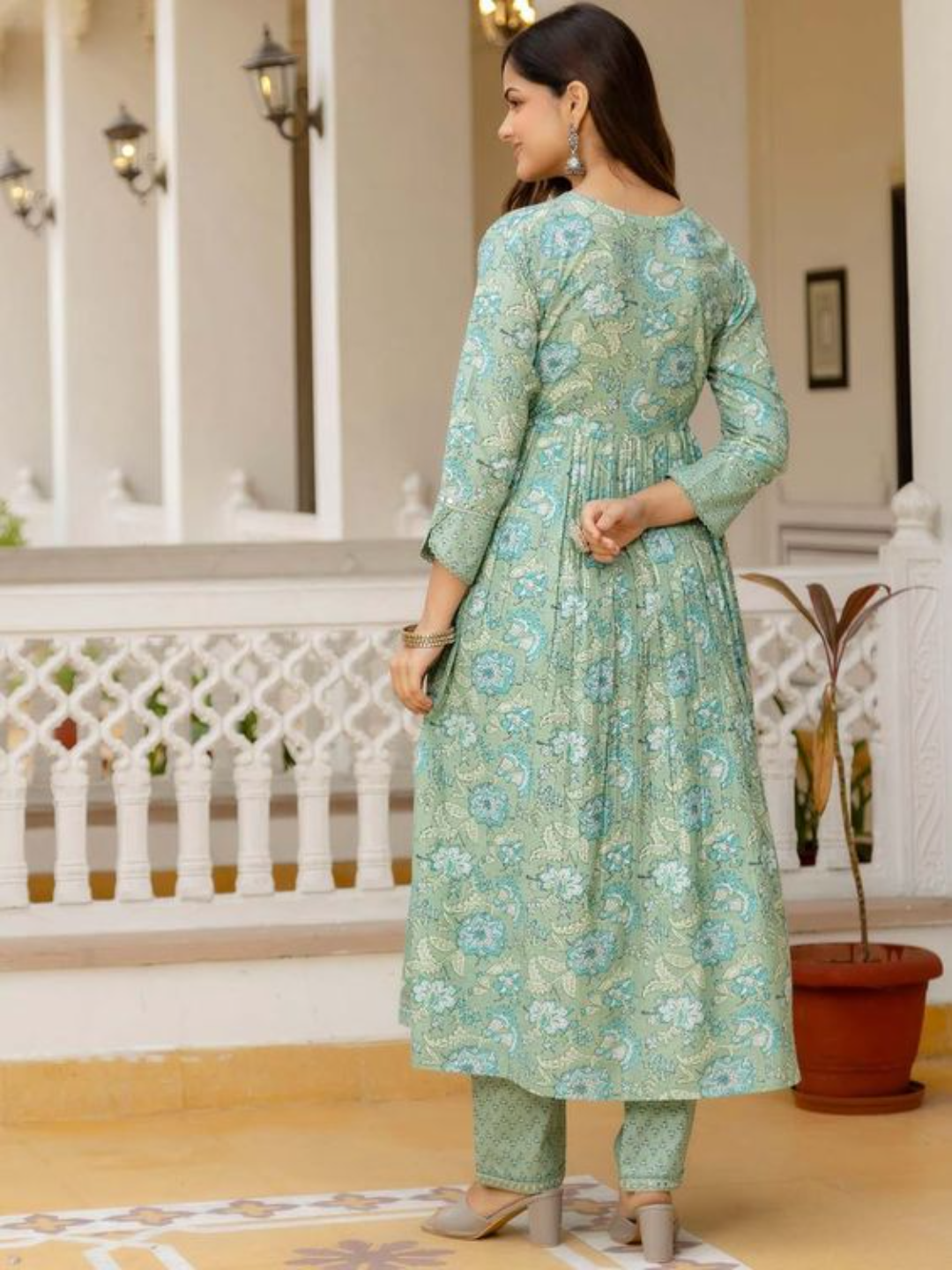 Floral Yoke Design Empire Mirror Work Pure Cotton Kurta with Trousers & Dupatta