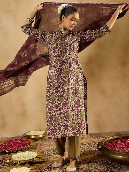 Burgundy Printed Kurta Trousers Set