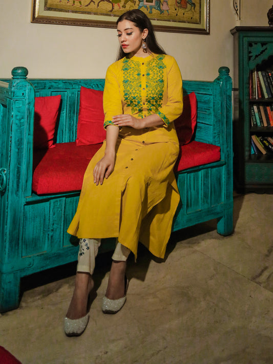 Yellow A-Line Calf-Length Kurta