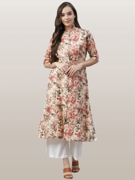 Cream Floral Print Cotton A-Line Kurta