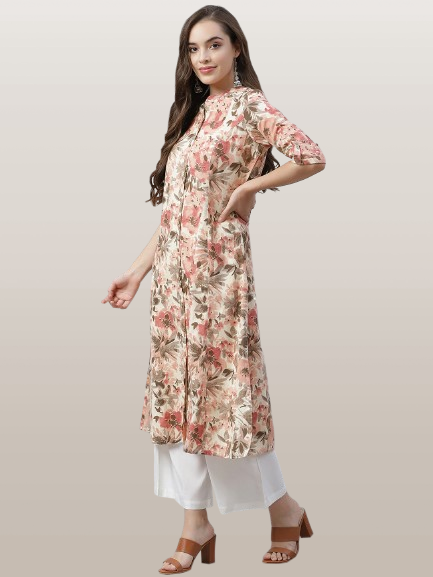 Cream Floral Print Cotton A-Line Kurta