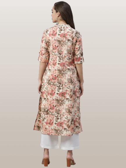 Cream Floral Print Cotton A-Line Kurta