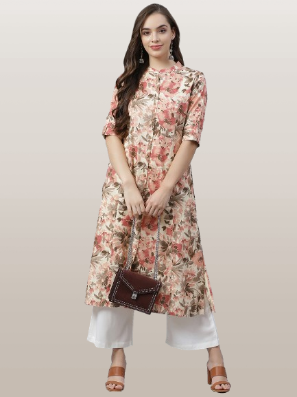 Cream Floral Print Cotton A-Line Kurta