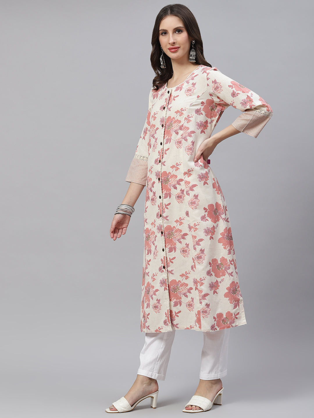 Cream Floral Cotton Flex A-Line Kurta