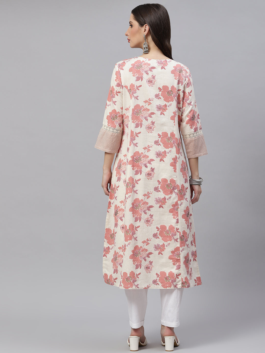 Cream Floral Cotton Flex A-Line Kurta