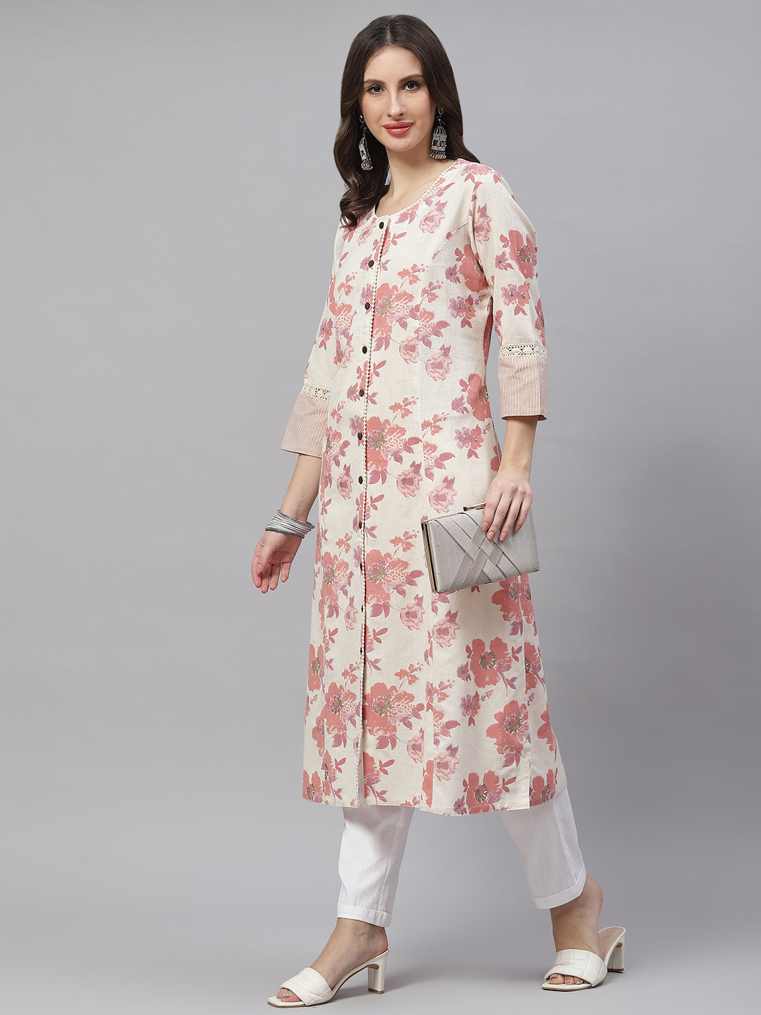 Cream Floral Cotton Flex A-Line Kurta