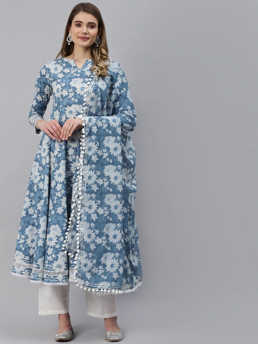 Indigo Blue Cotton Anarkali Kurta and Pant Set With Dupatta