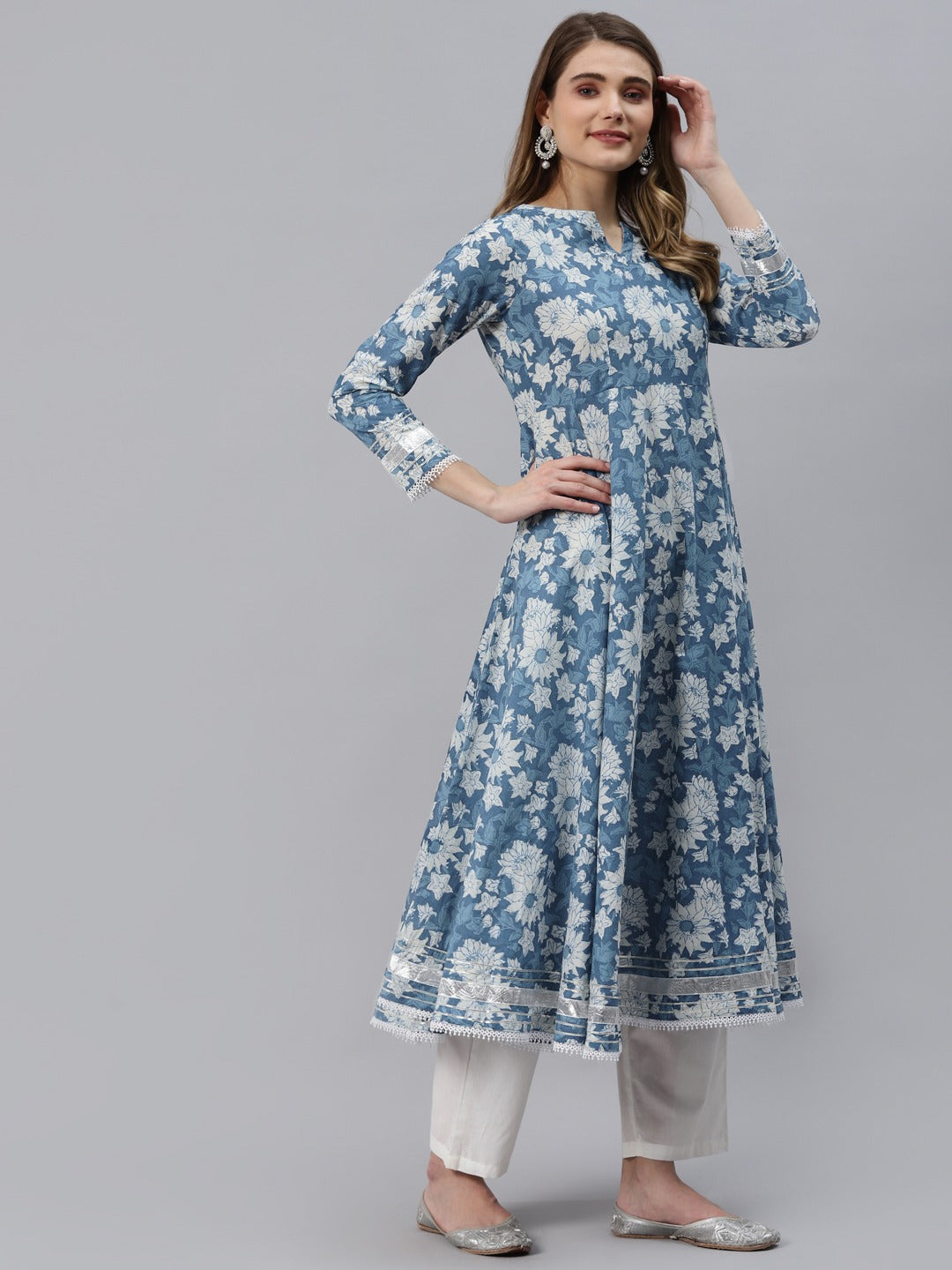 Indigo Blue Cotton Anarkali Kurta and Pant Set With Dupatta