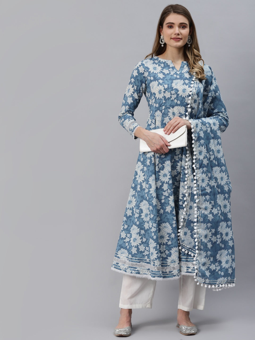 Indigo Blue Cotton Anarkali Kurta and Pant Set With Dupatta