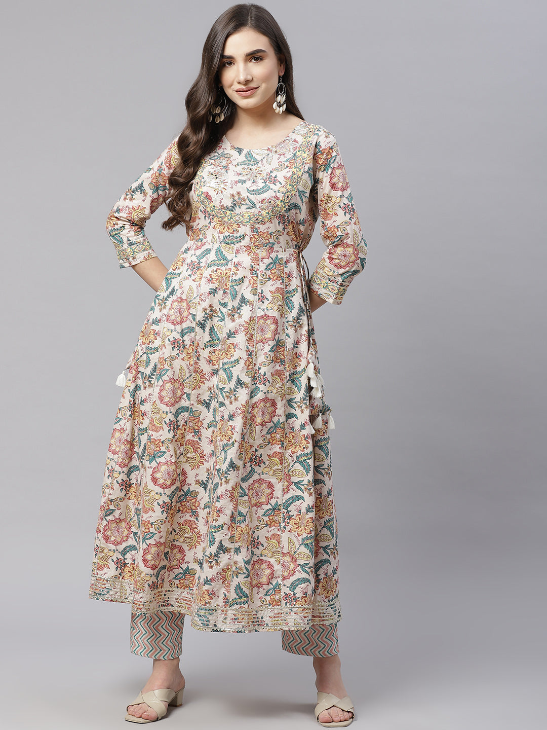 Off-White Cotton Anarkali Kurta and Pant Set