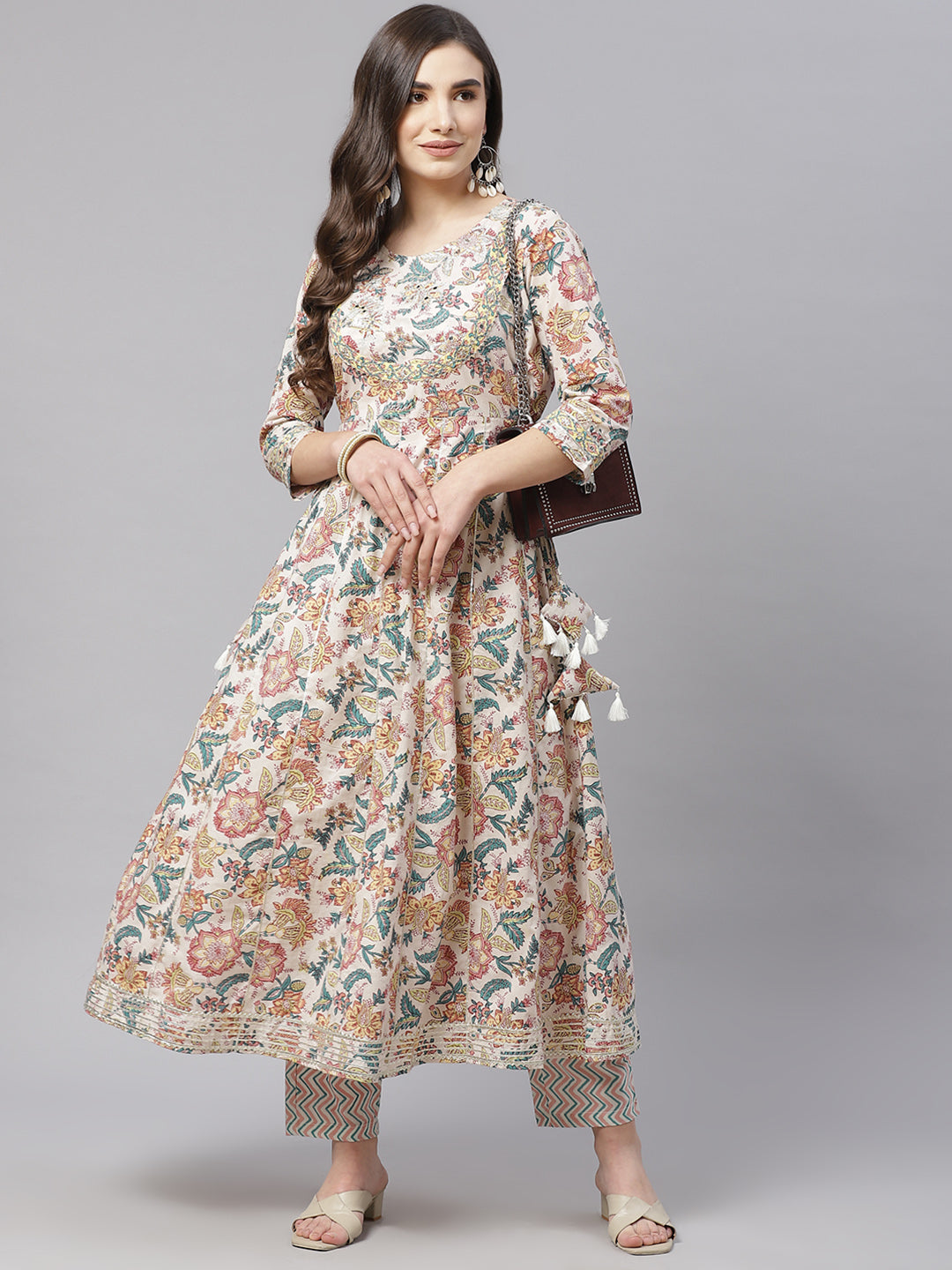 Off-White Cotton Anarkali Kurta and Pant Set