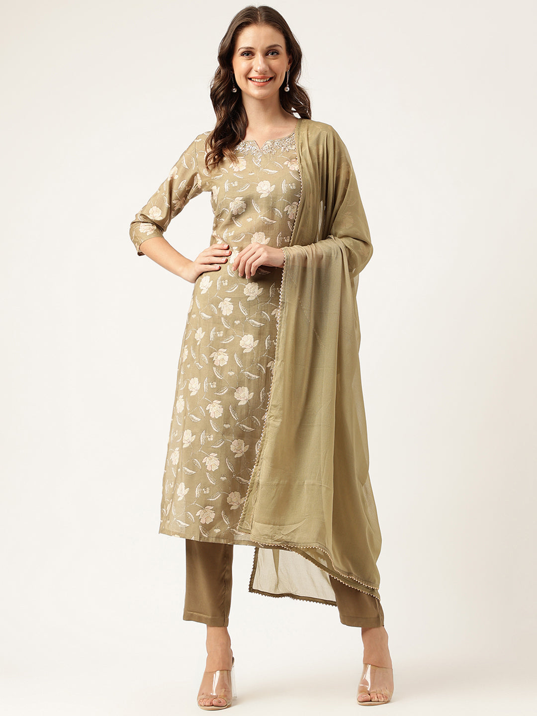 Olive Embroidered Cotton Kurta Trouser Set with Dupatta