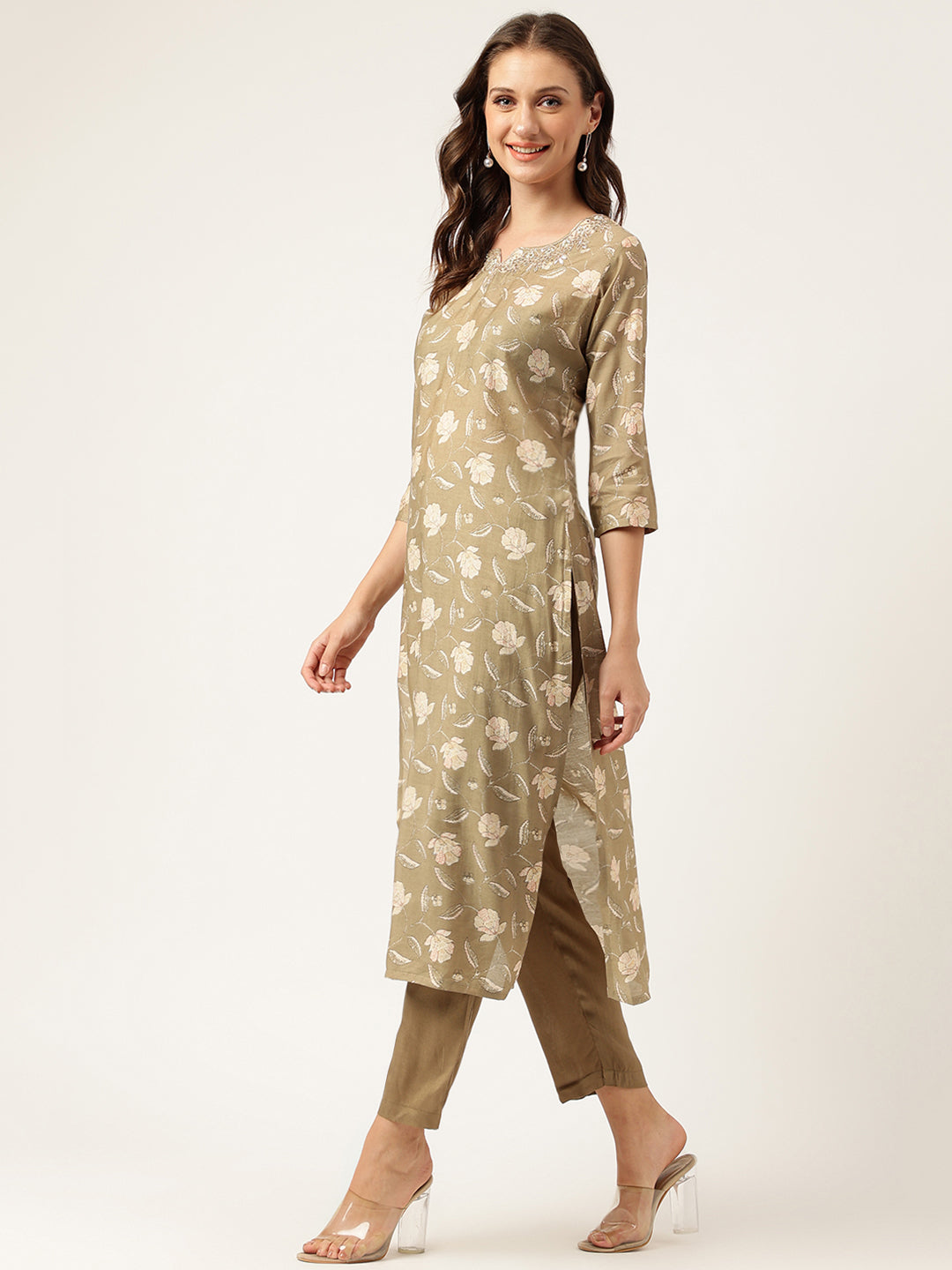 Olive Embroidered Cotton Kurta Trouser Set with Dupatta