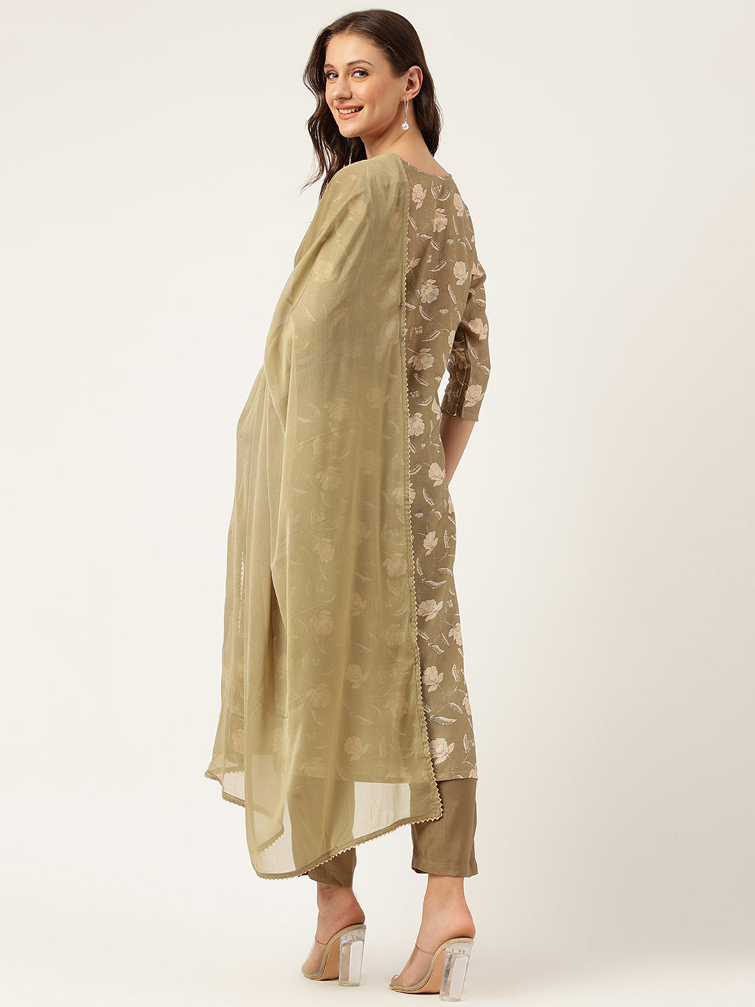 Olive Embroidered Cotton Kurta Trouser Set with Dupatta