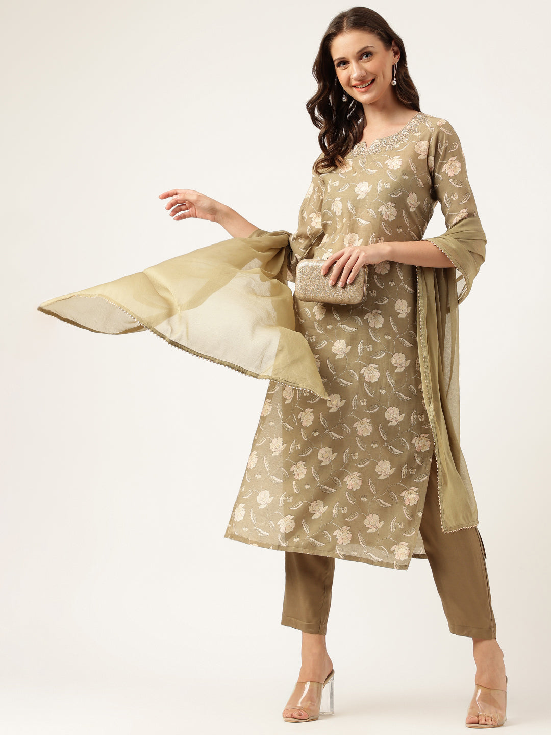 Olive Embroidered Cotton Kurta Trouser Set with Dupatta