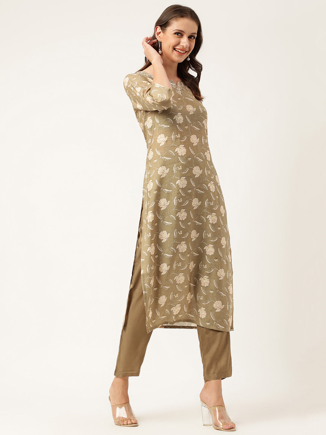 Olive Embroidered Cotton Kurta Trouser Set with Dupatta