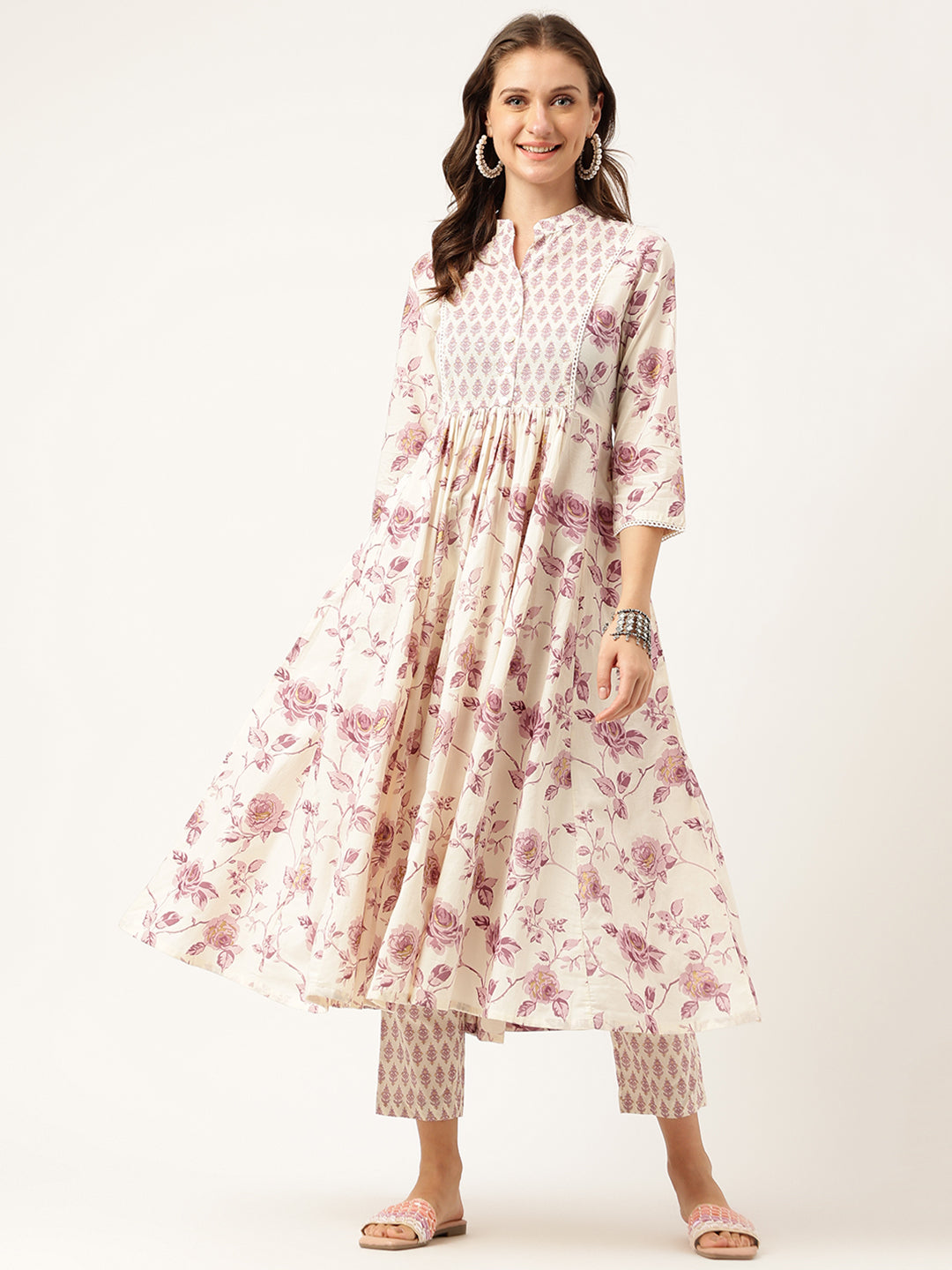 White Purple Floral Cotton Flared kurta