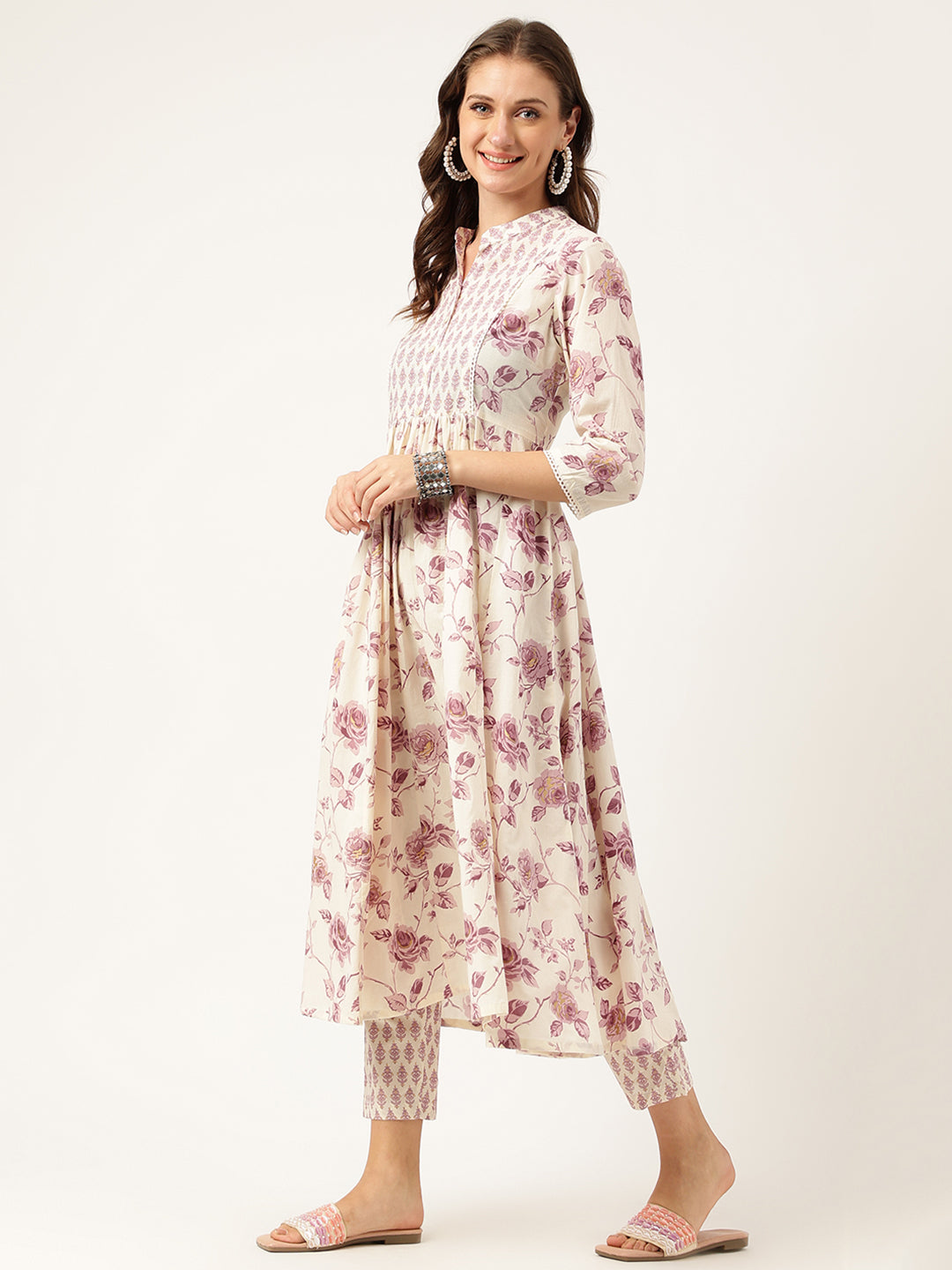 White Purple Floral Cotton Flared kurta