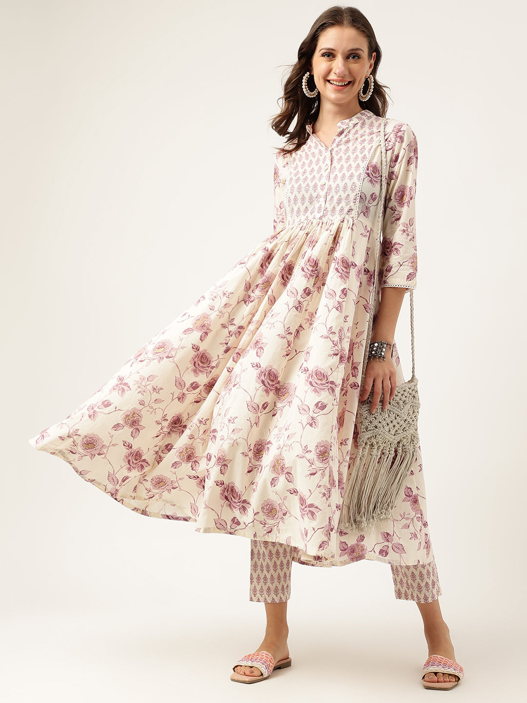 White Purple Floral Cotton Flared kurta