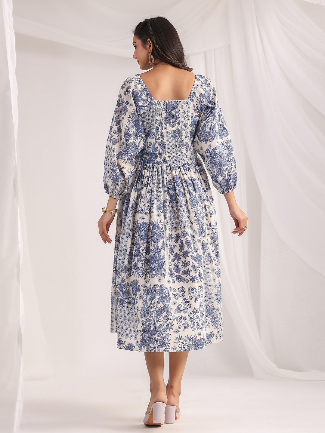 Off-White Cotton Dress with Floral Gathering