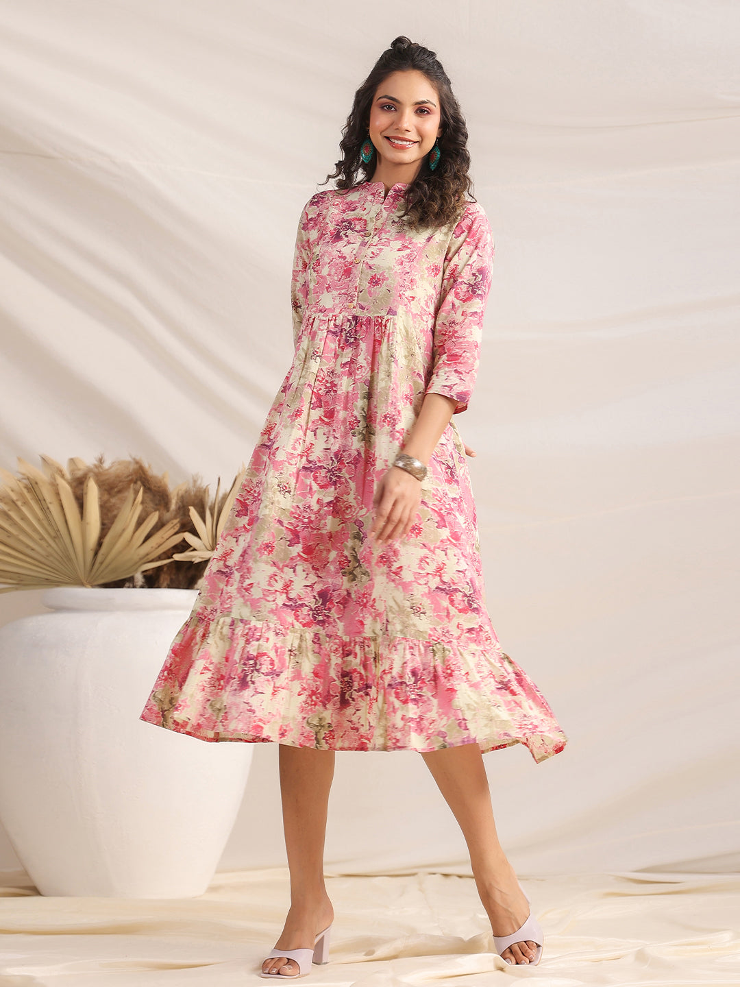 Pink Cotton Dress with Mandarin Collar and Floral Print