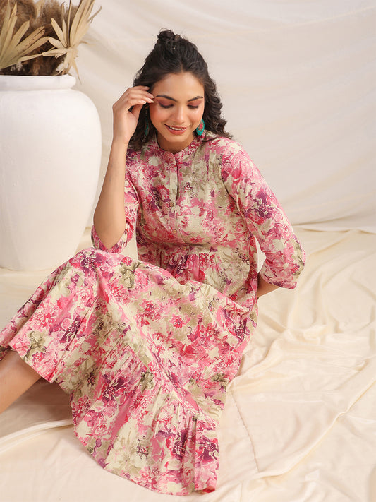 Pink Cotton Dress with Mandarin Collar and Floral Print