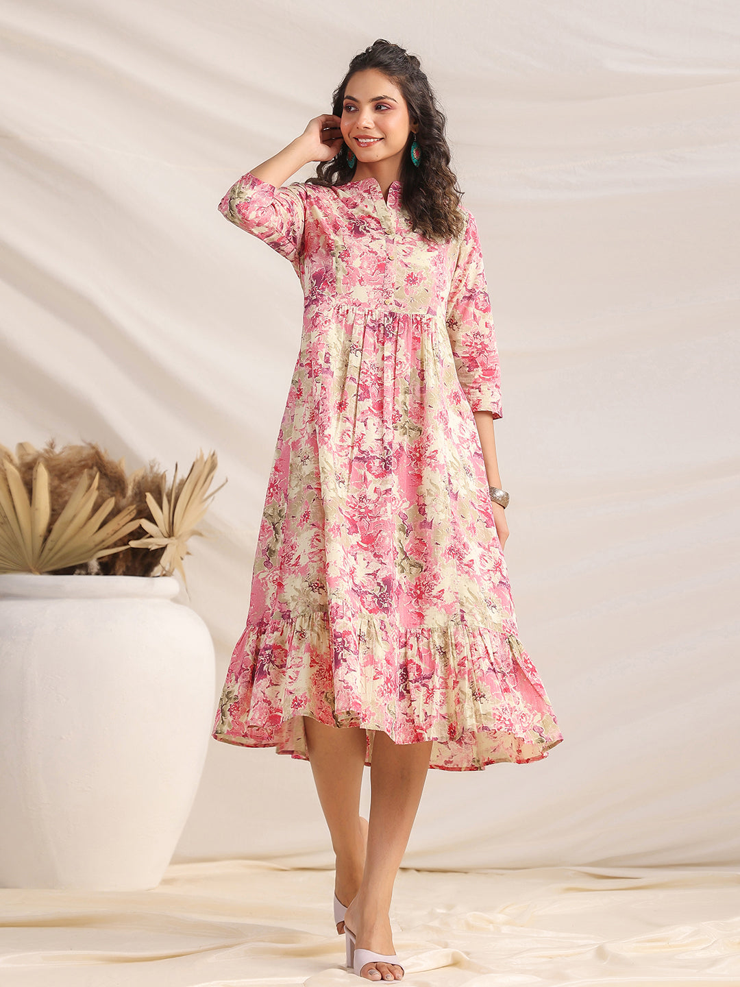 Pink Cotton Dress with Mandarin Collar and Floral Print