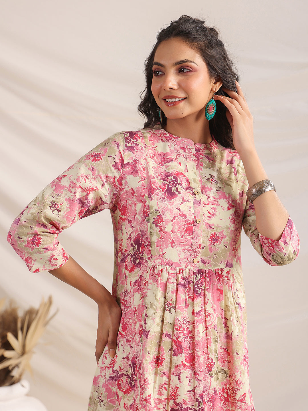 Pink Cotton Dress with Mandarin Collar and Floral Print