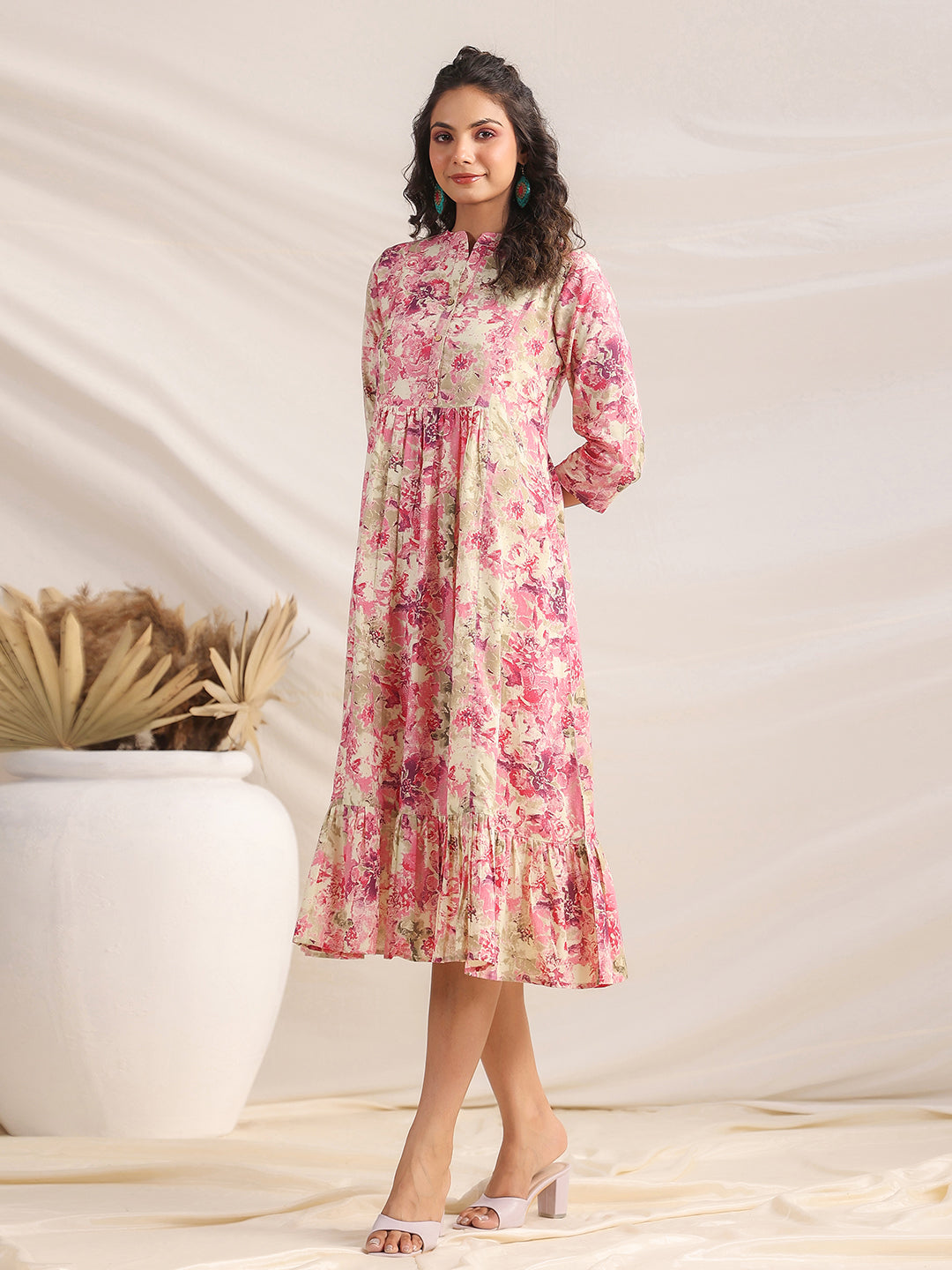 Pink Cotton Dress with Mandarin Collar and Floral Print