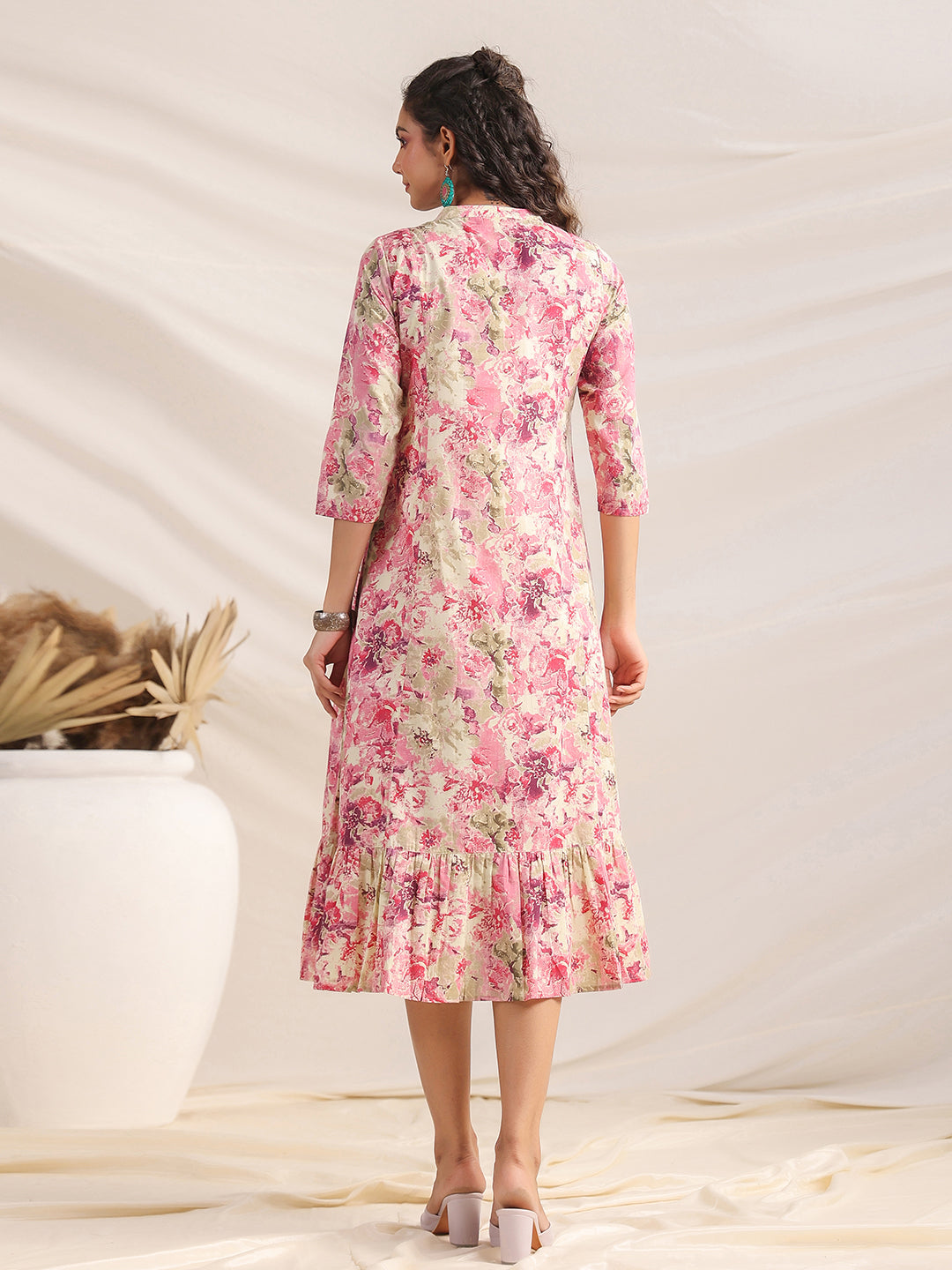 Pink Cotton Dress with Mandarin Collar and Floral Print