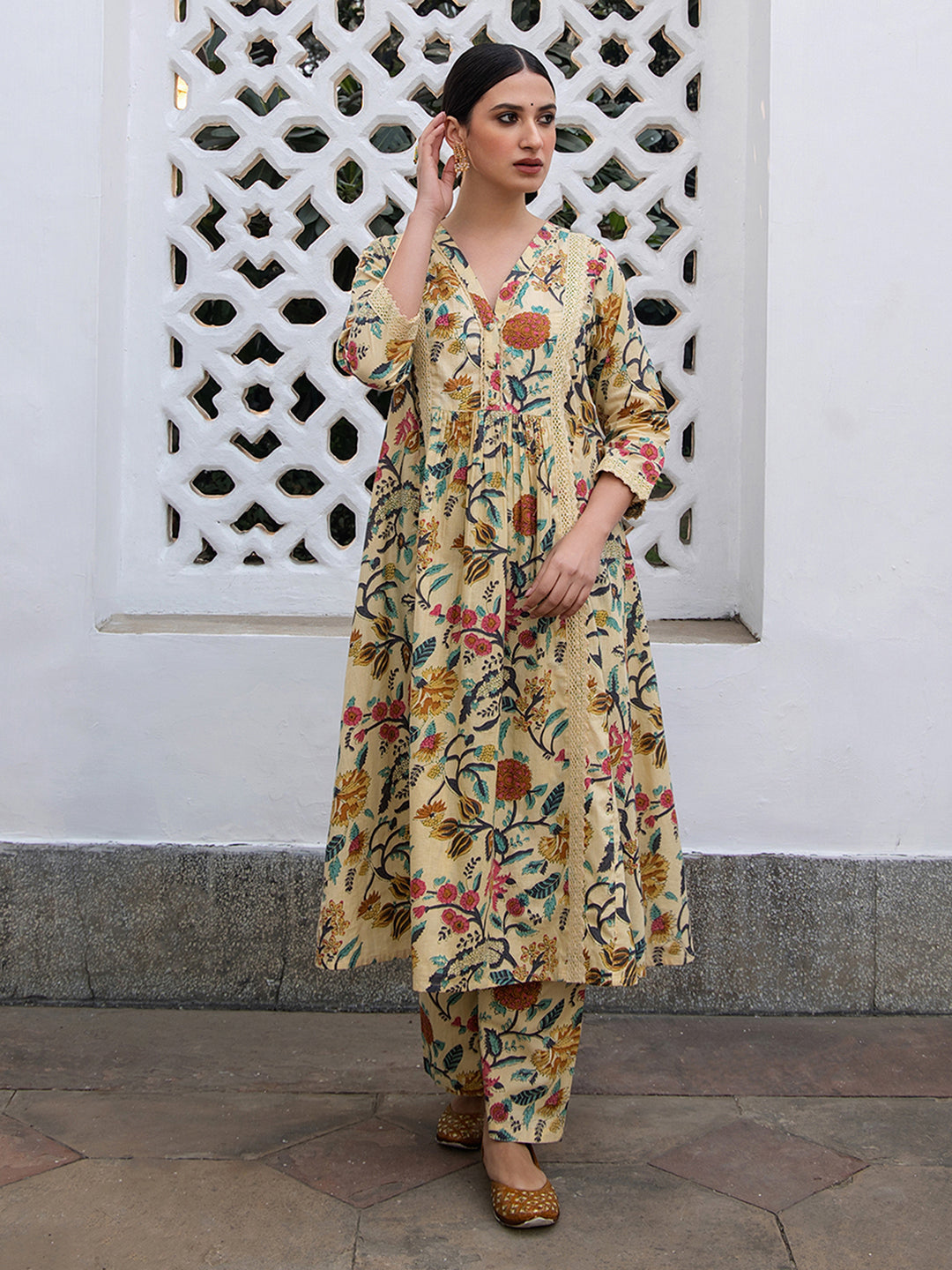 Beige Cotton Floral Gathered Kurta Set