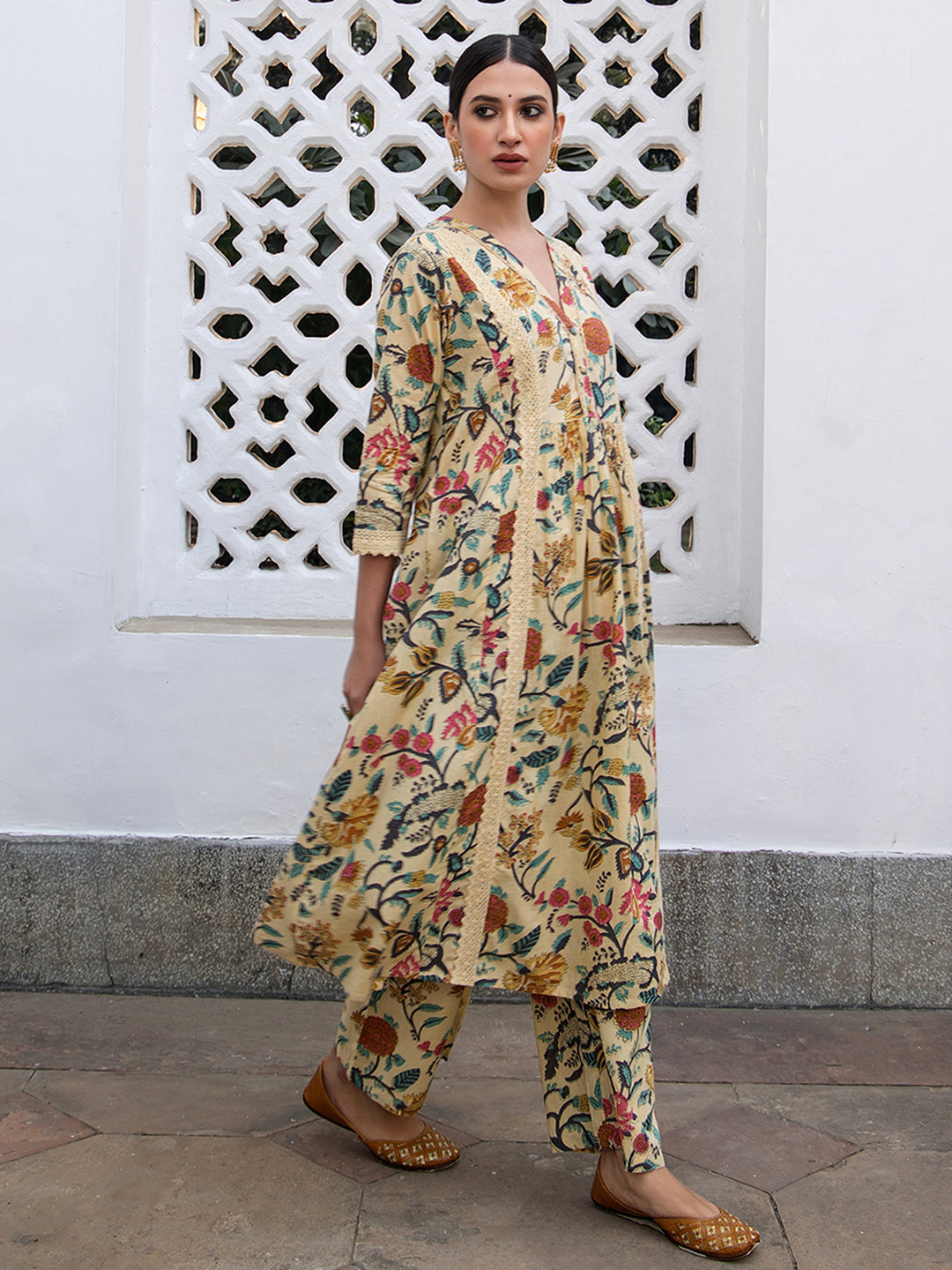 Beige Cotton Floral Gathered Kurta Set