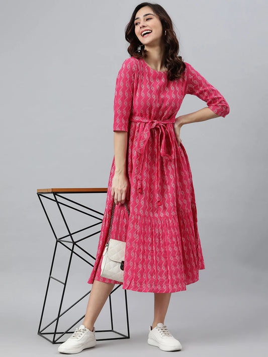 Tiered Western Dress with Pink Cotton Woven Design