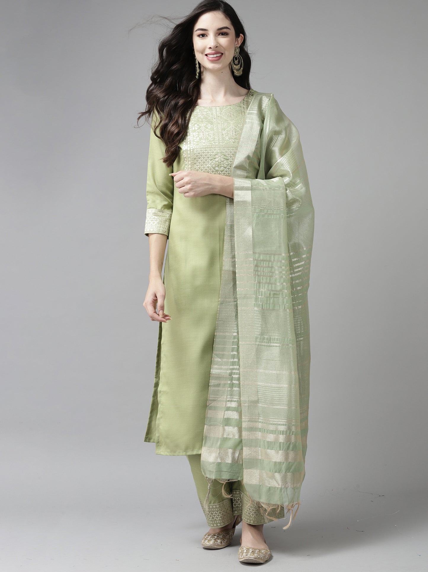 Solid Green Straight Kurta Palazzo Set with Dupatta