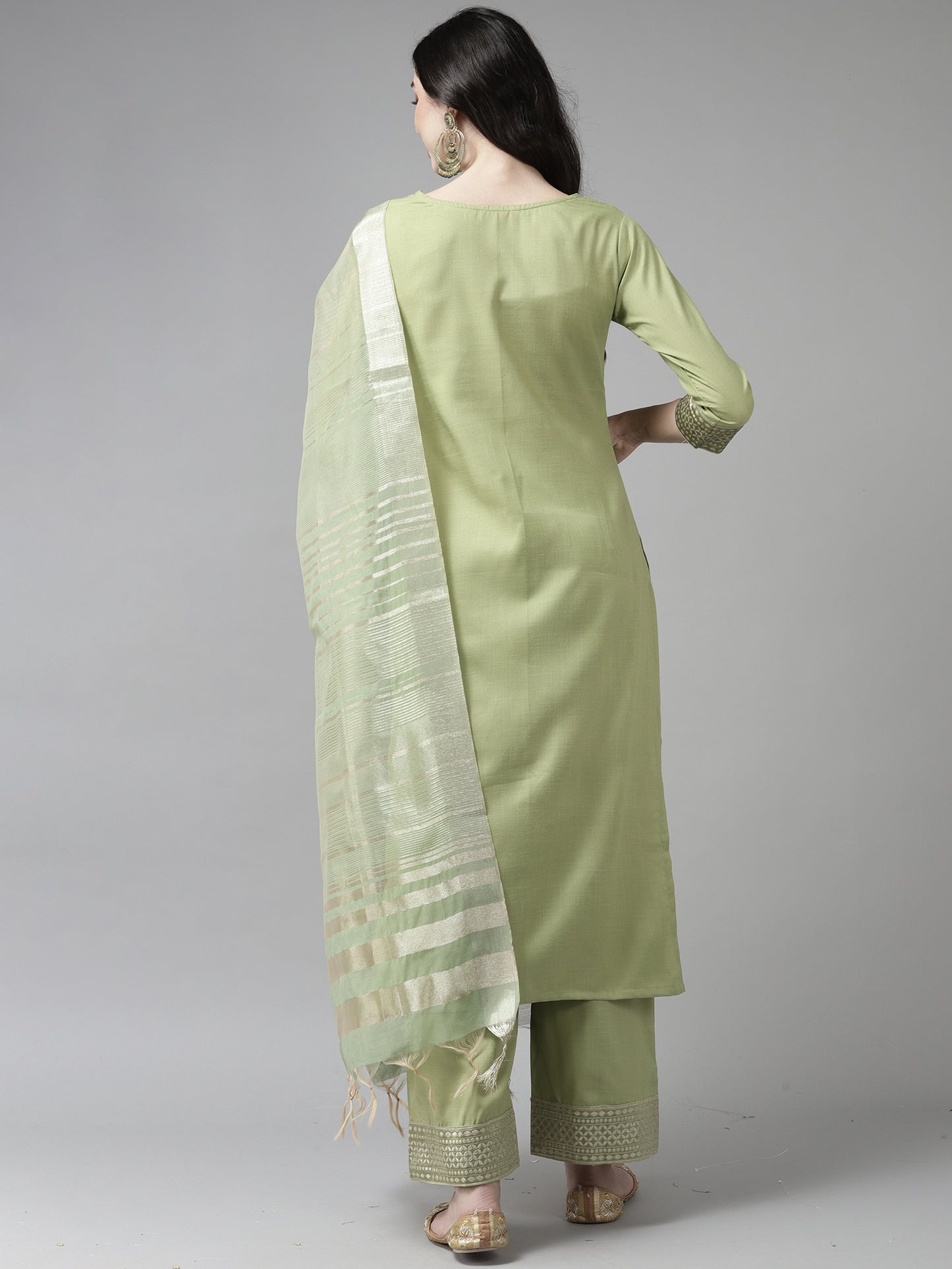 Solid Green Straight Kurta Palazzo Set with Dupatta