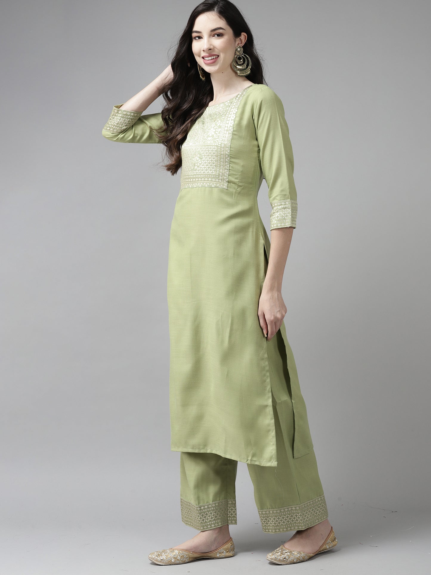 Solid Green Straight Kurta Palazzo Set with Dupatta