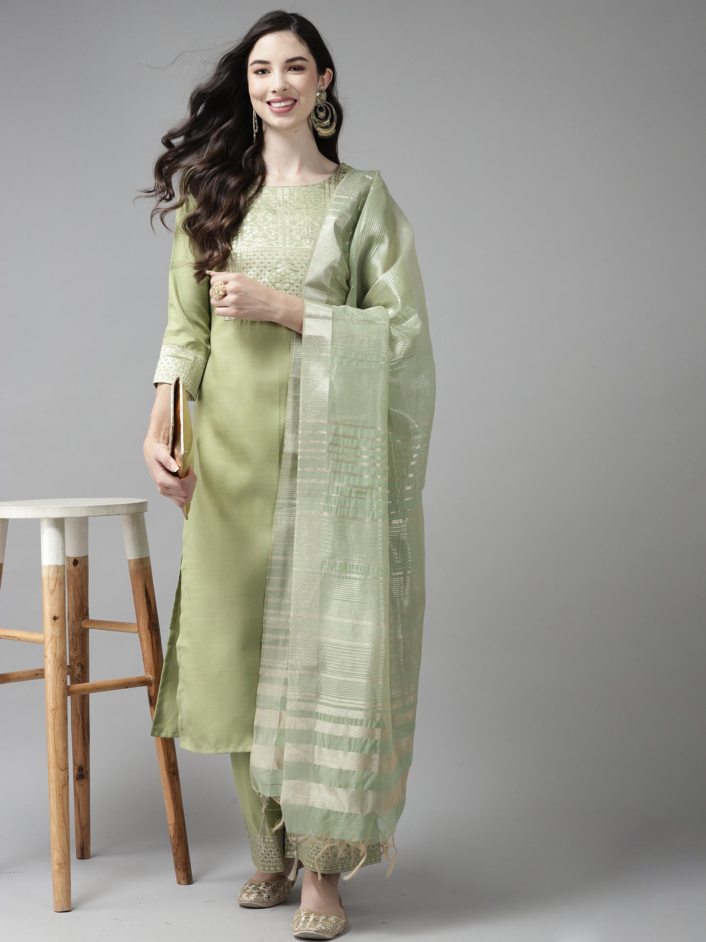 Solid Green Straight Kurta Palazzo Set with Dupatta