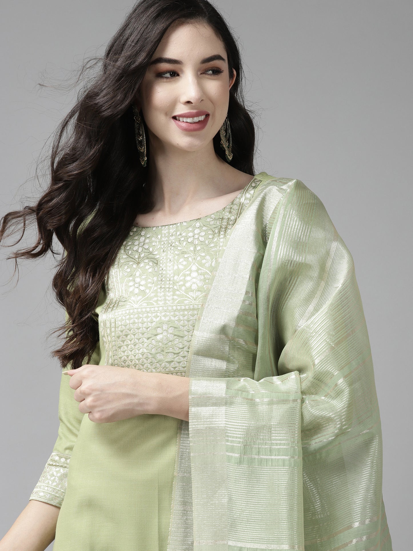 Solid Green Straight Kurta Palazzo Set with Dupatta