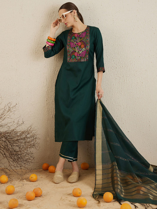 Green Yoke Design Straight Kurta with Trousers and Dupatta Set