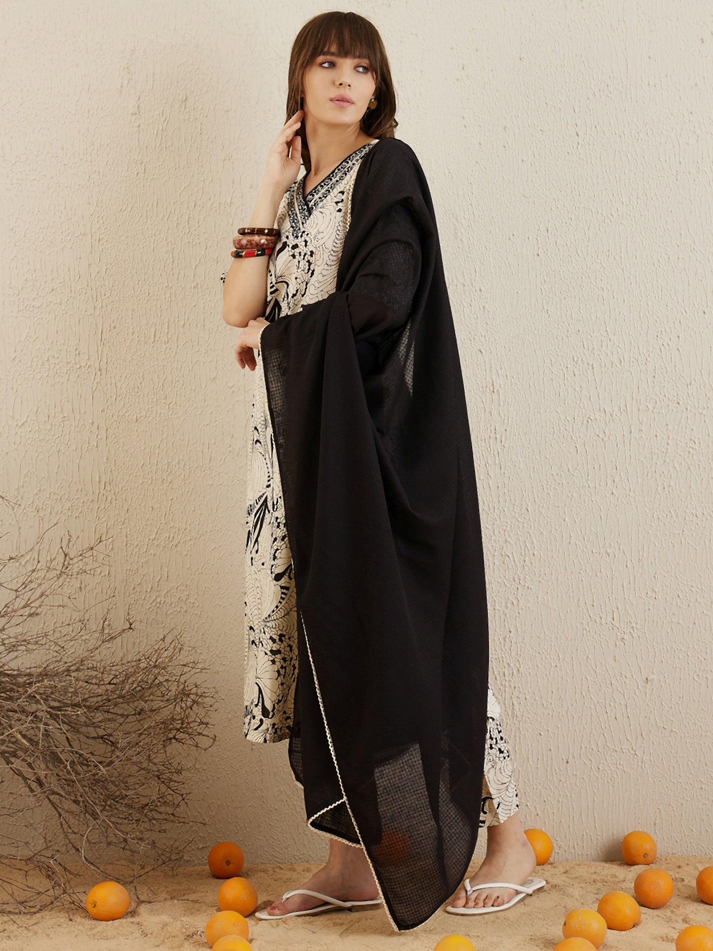 Cream Printed Straight Kurta and Trousers Set