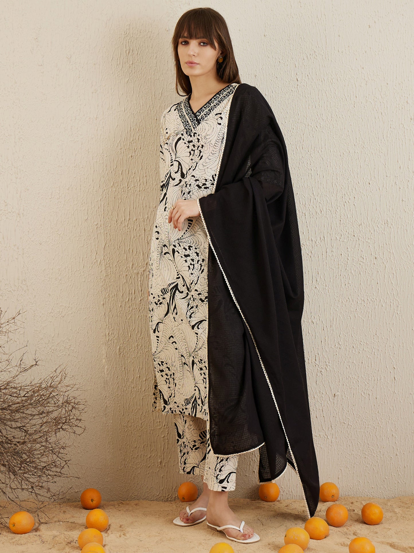 Cream Printed Straight Kurta and Trousers Set