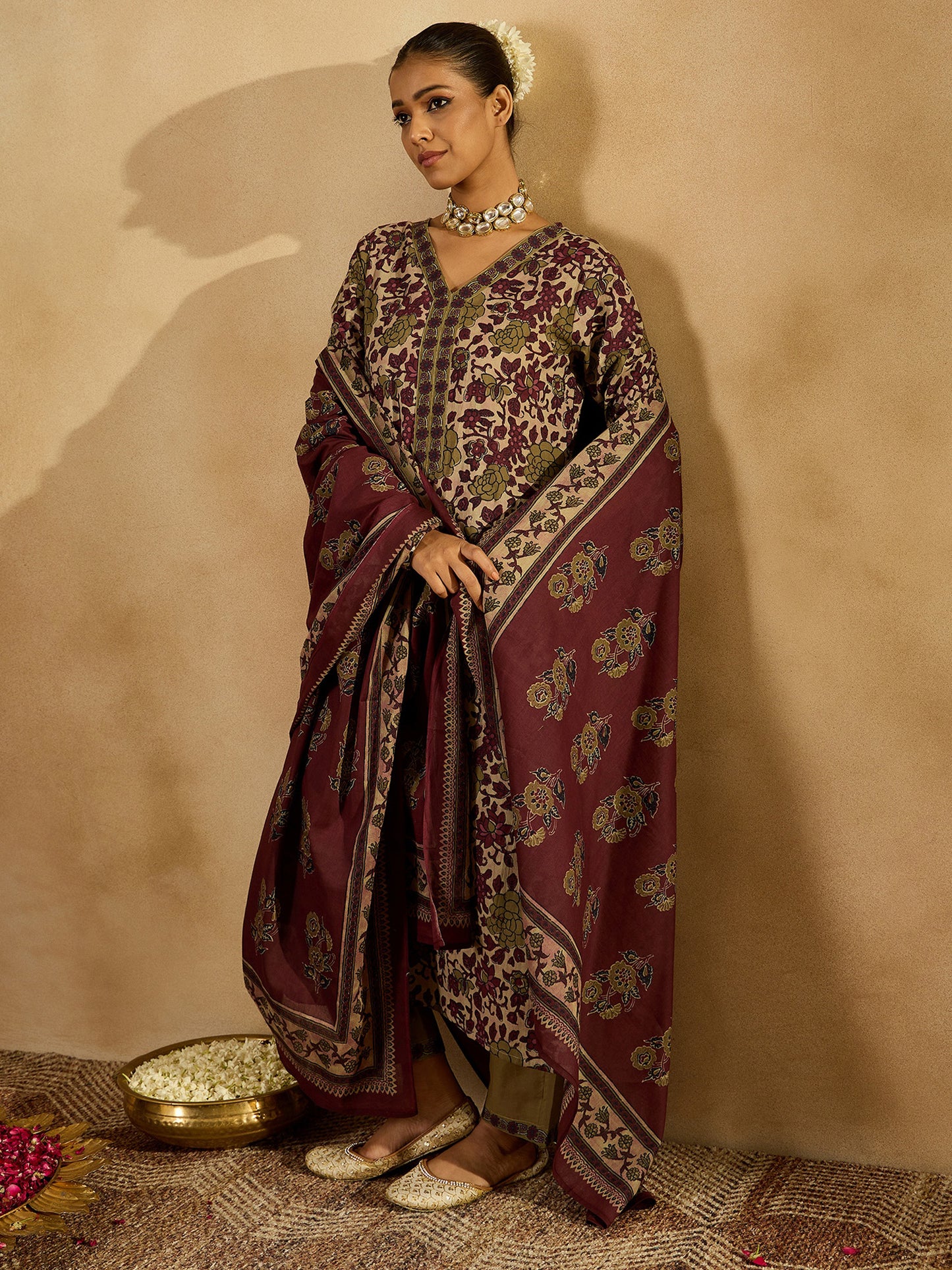 Burgundy Printed Kurta Trousers Set