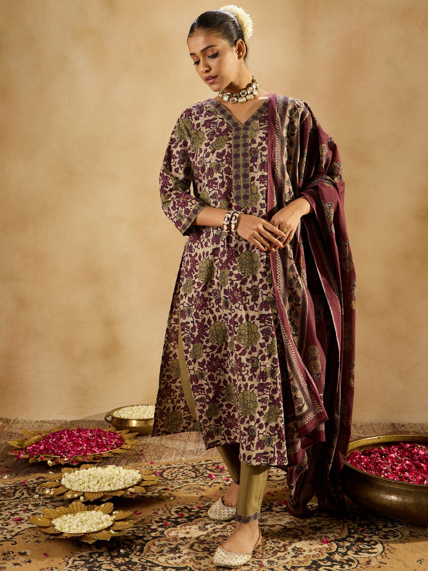 Burgundy Printed Kurta Trousers Set