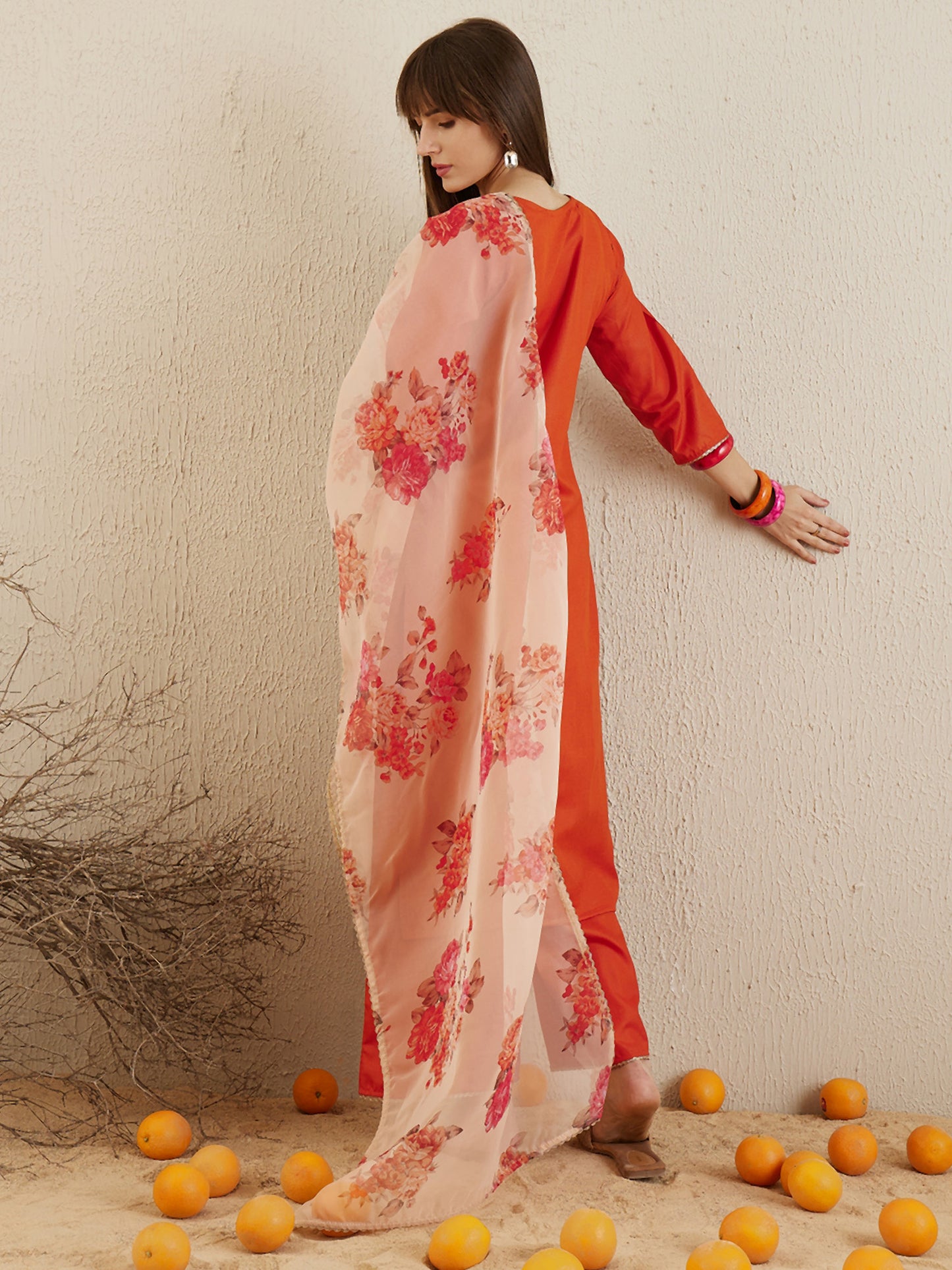 Orange Yoke Straight Kurta Palazzos Set with Dupatta