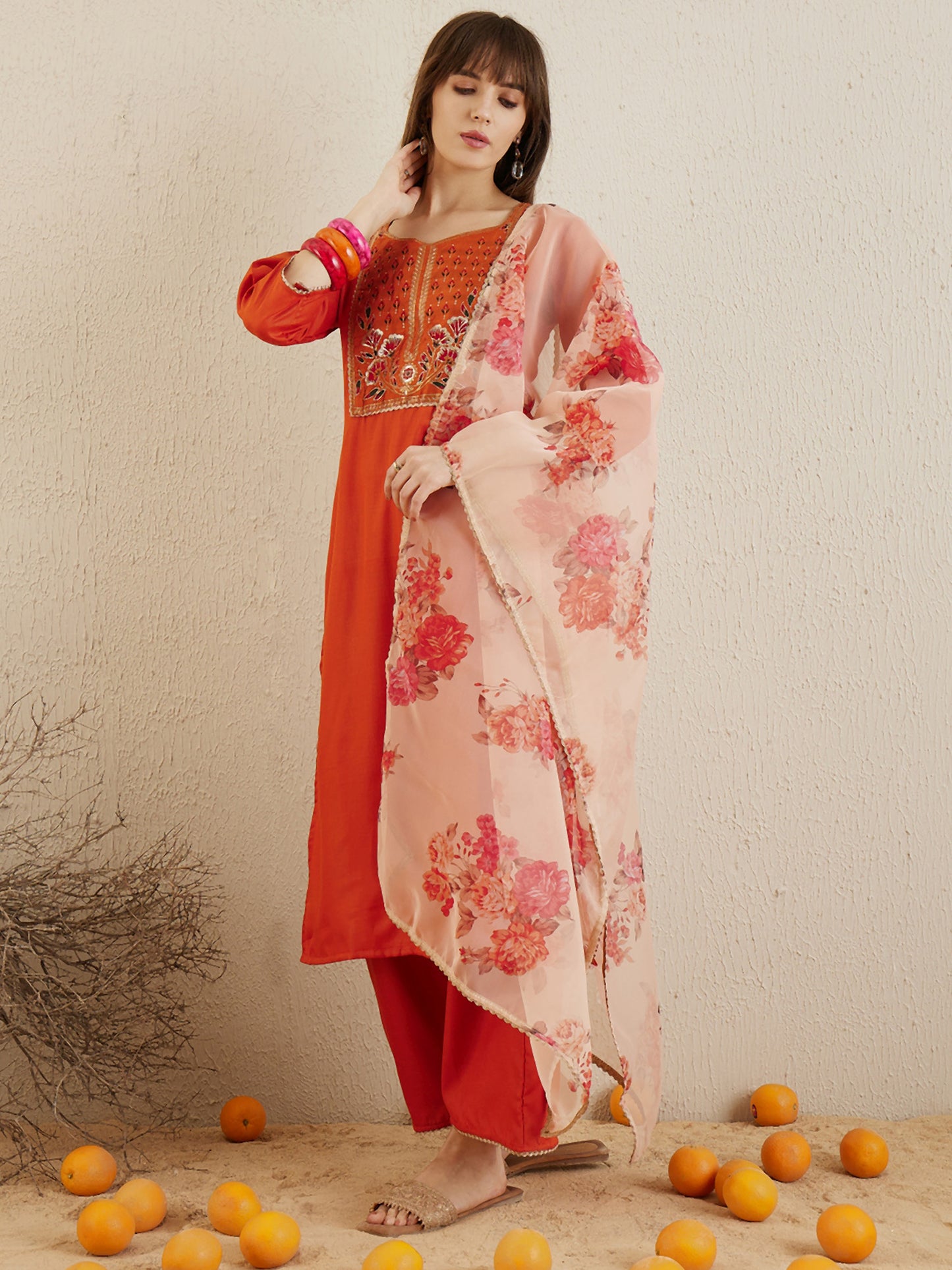 Orange Yoke Straight Kurta Palazzos Set with Dupatta