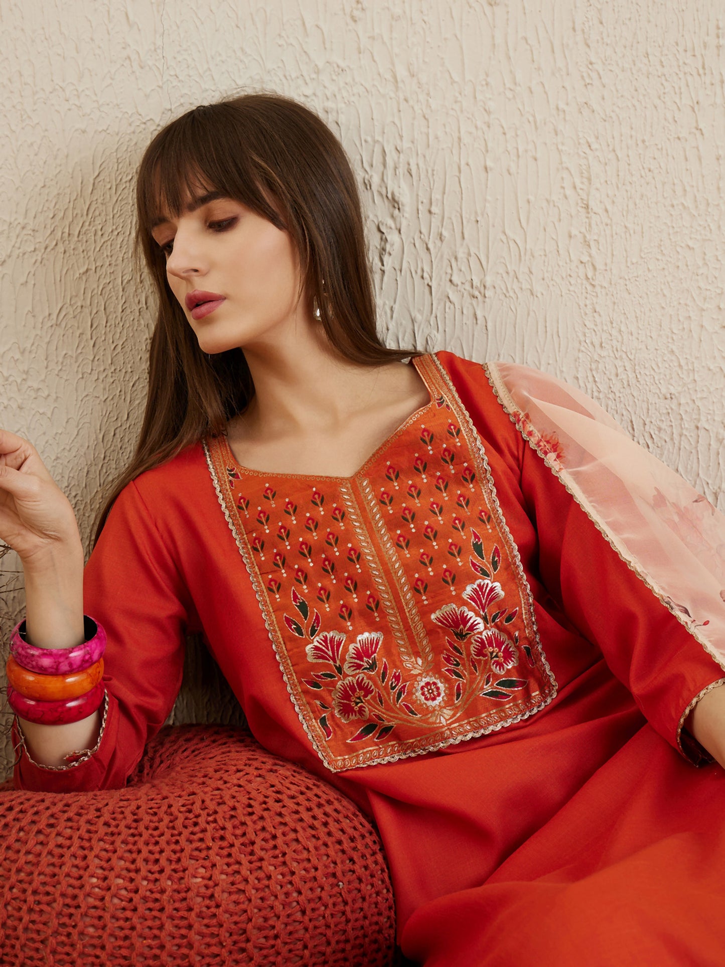 Orange Yoke Straight Kurta Palazzos Set with Dupatta