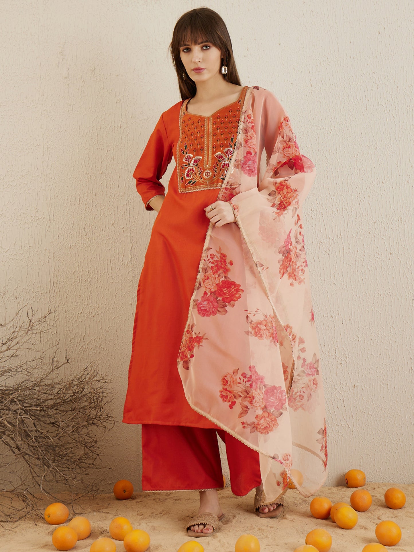 Orange Yoke Straight Kurta Palazzos Set with Dupatta