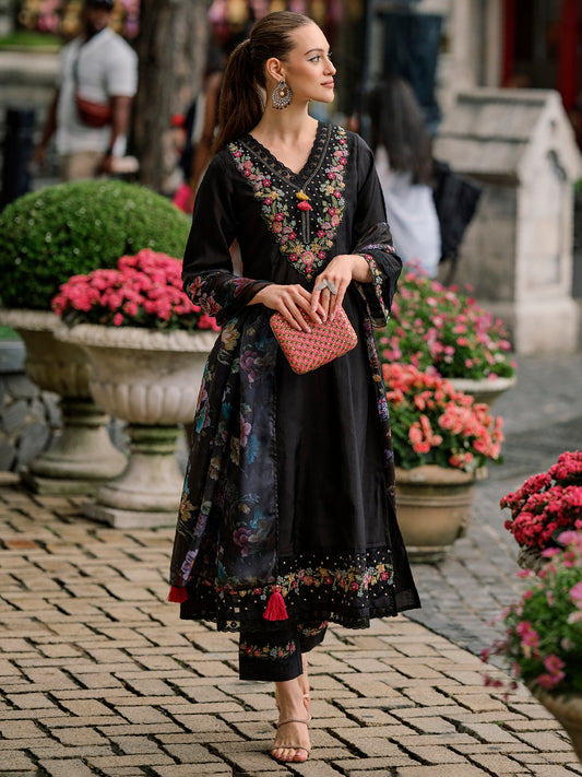 Black Embroidered A-Line Kurta with Trousers and Dupatta Set