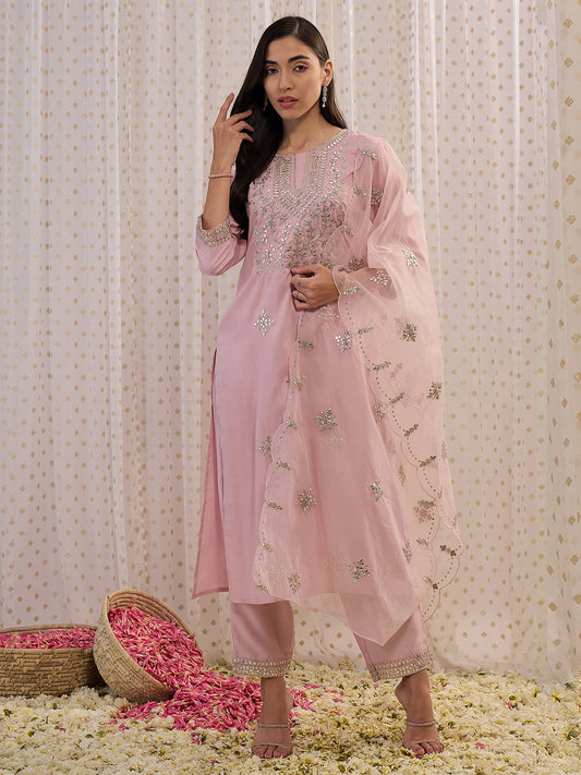 Pink Embroidered Straight Kurta with Trousers and Dupatta Set